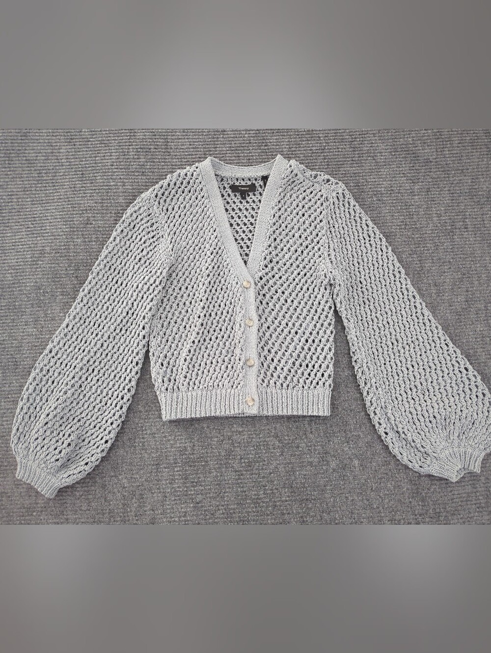 Theory Merletto Mesh Cardigan Ice Blue Gray Blue Open Knit Cropped Small Beach - Picture 2 of 11